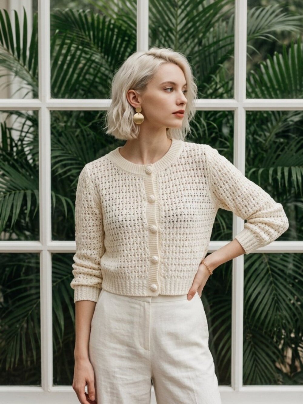 NWT Caroline Constas Cream Crochet Knit Crop Cardigan Size M